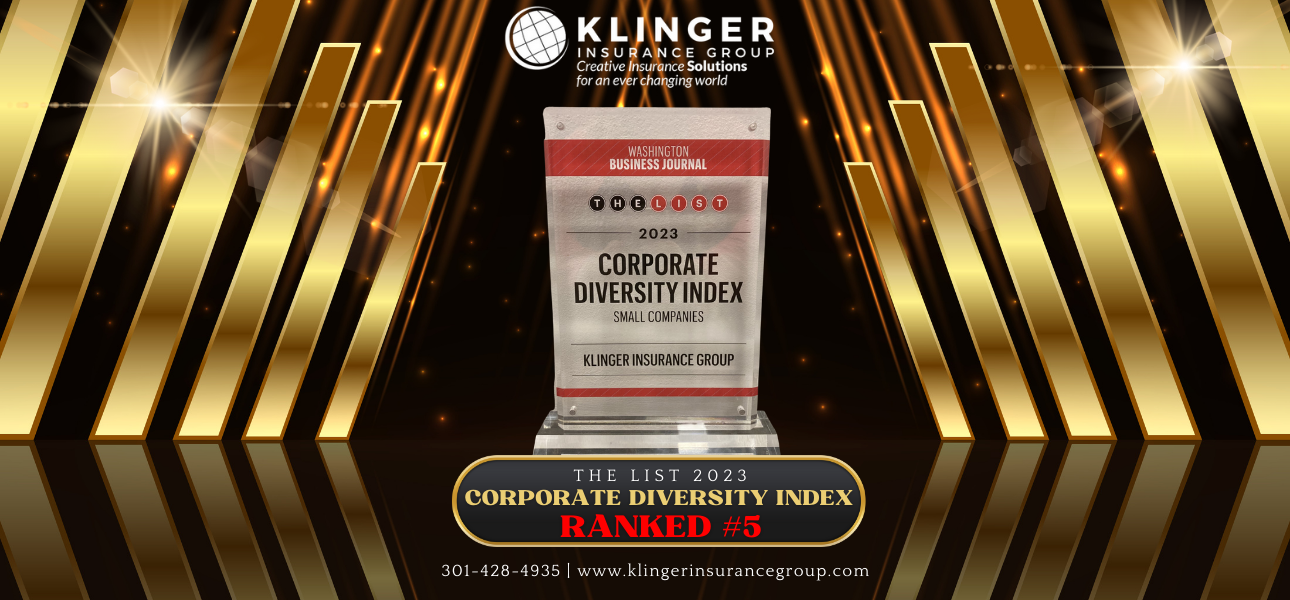 Klinger Insurance Group team members celebrating their #5 ranking in Washington Business Journal’s 2023 Corporate Diversity Awards.