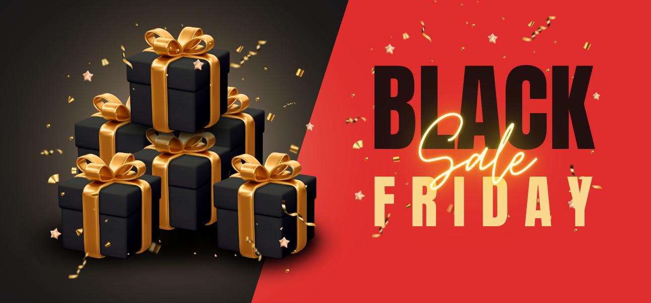 A festive holiday display with sale signs and gift packages, illustrating Black Friday shopping excitement.