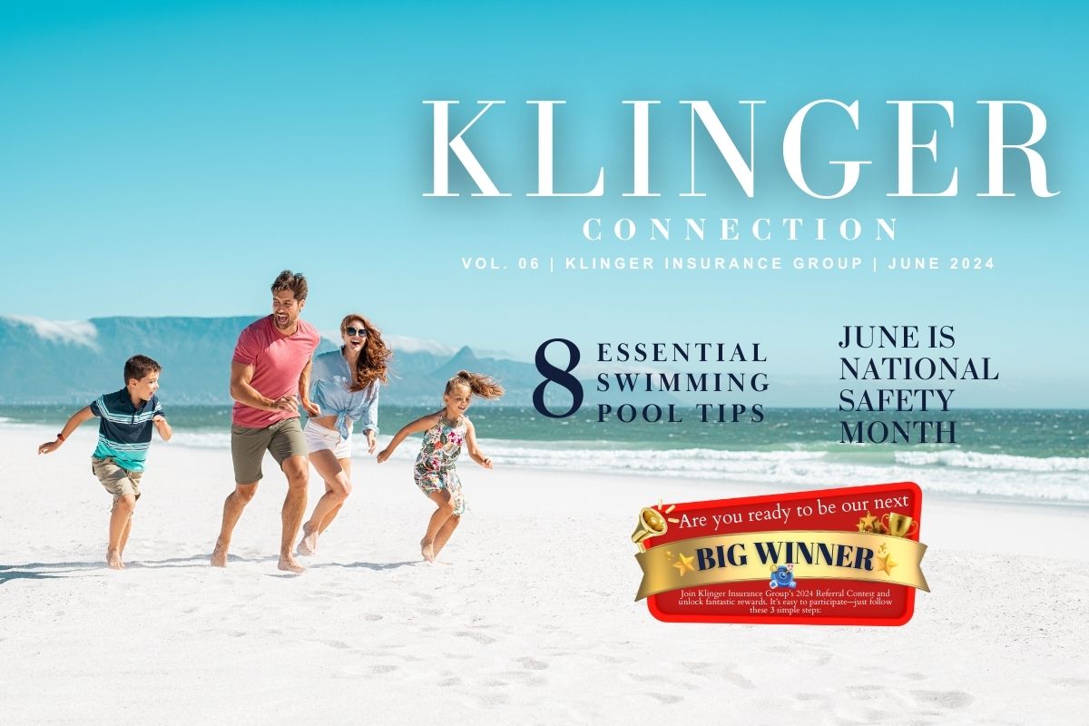 Graphic promoting Klinger Insurance Group's 2024 Referral Contest, featuring details about the chance to win big rewards by referring friends