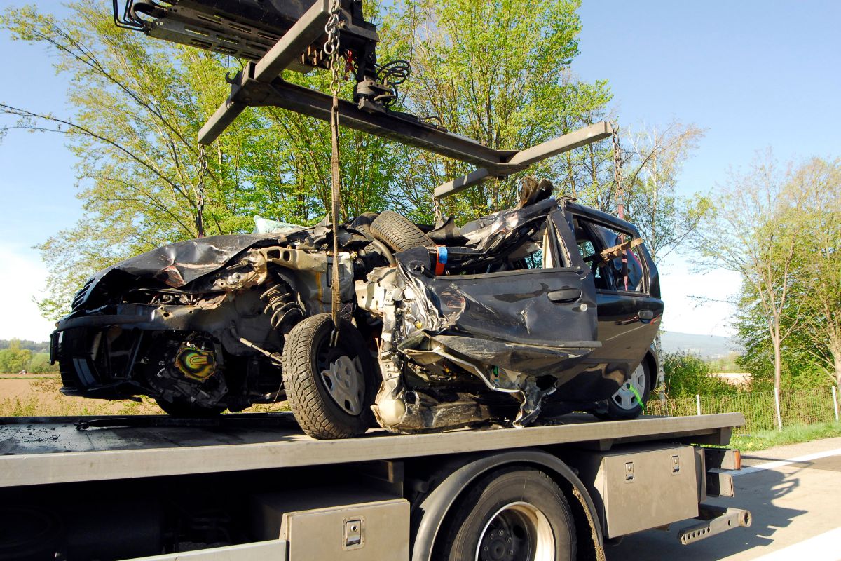 Damaged car after an accident, illustrating when insurance companies may consider a vehicle totaled based on repair costs.