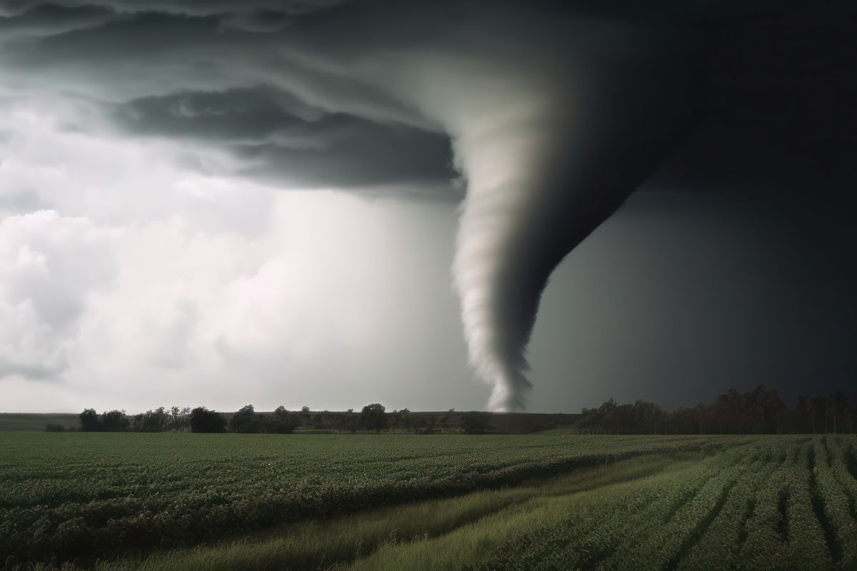 Dark storm clouds forming with strong winds, signaling early tornado warning signs and the need for safety precautions.