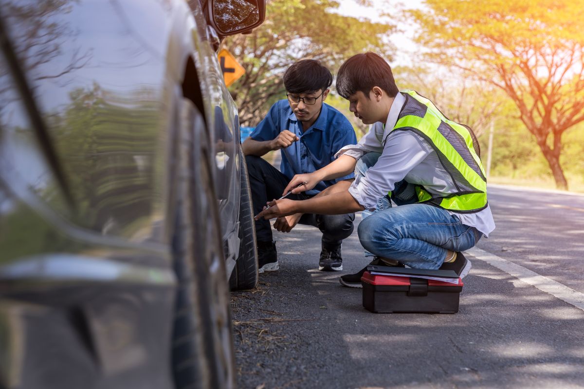 Driver checking a car with hazard lights on the roadside, following safety tips during a vehicle breakdown.