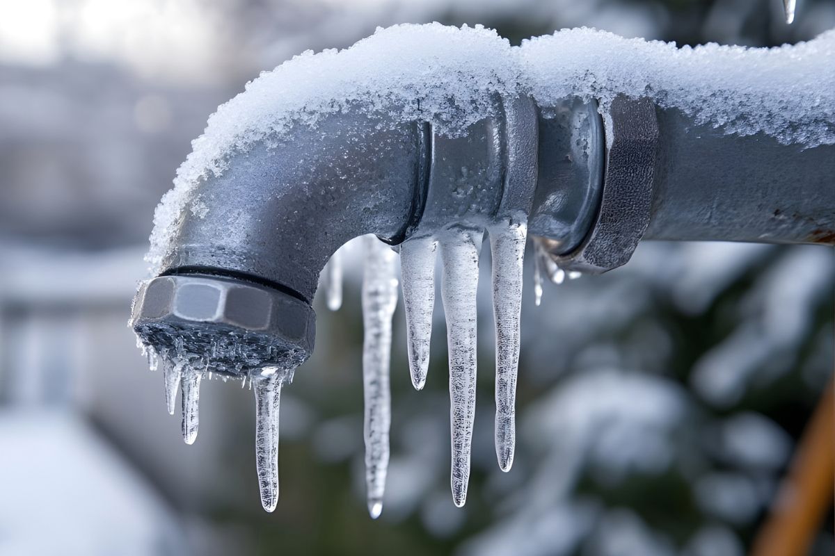 Business owner reviewing a burst pipe caused by freezing temperatures inside a commercial building during winter.