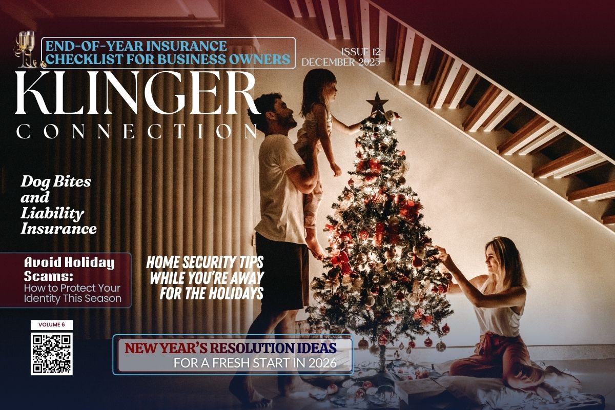 December 2025 newsletter cover from Klinger Insurance Group featuring clean layout with headline text, policy review call-to-action, and winter insurance insights