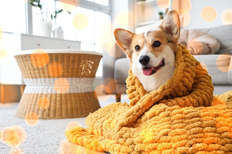 A dog wearing a cozy sweater resting indoors during winter to stay warm and protected from cold temperatures.