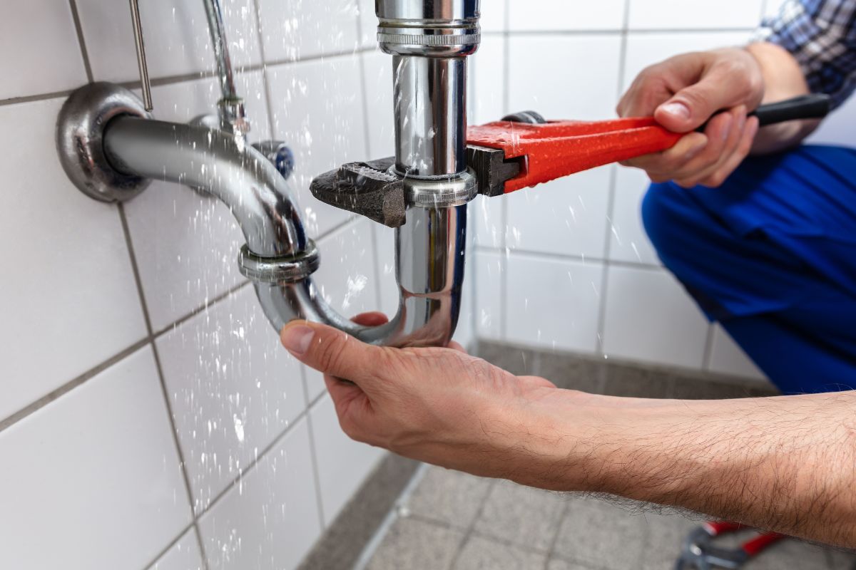 A homeowner using a hair dryer to thaw a frozen water pipe under a kitchen sink during winter.