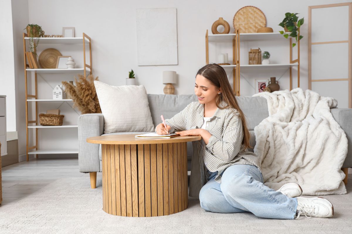 A homeowner using a smartphone to document personal belongings for a home inventory list.