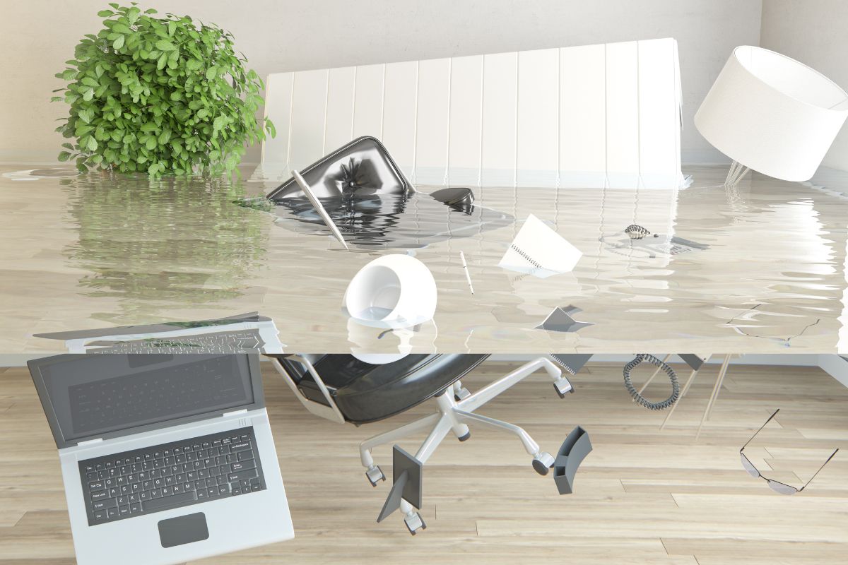 Flooded office with damaged furniture and office supplies, illustrating the impact of disasters on business operations