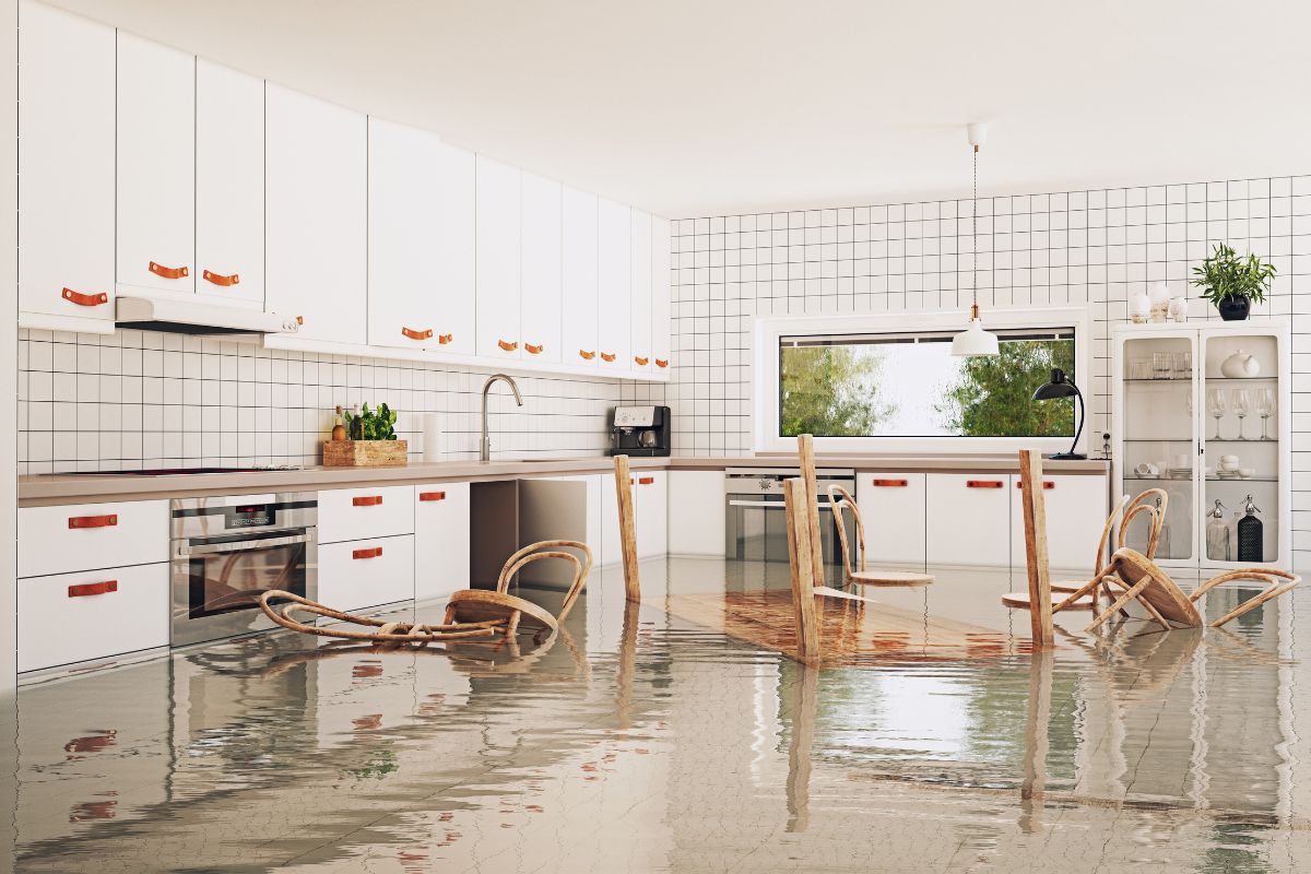 Floodwater inside a home with water covering the floor, damaging furniture and household belongings