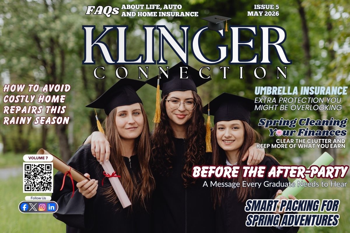 Graduate in cap and gown celebrating graduation on the cover of the May 2026 newsletter.