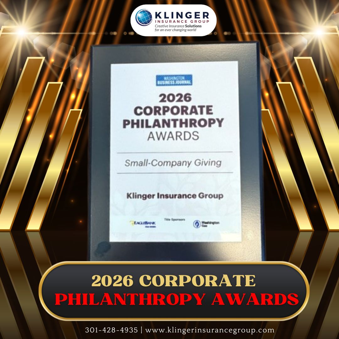 Close-up of the 2026 Philanthropy Award plaque presented to Klinger Insurance Group, recognizing outstanding commitment to community service, generosity, and philanthropic impact.