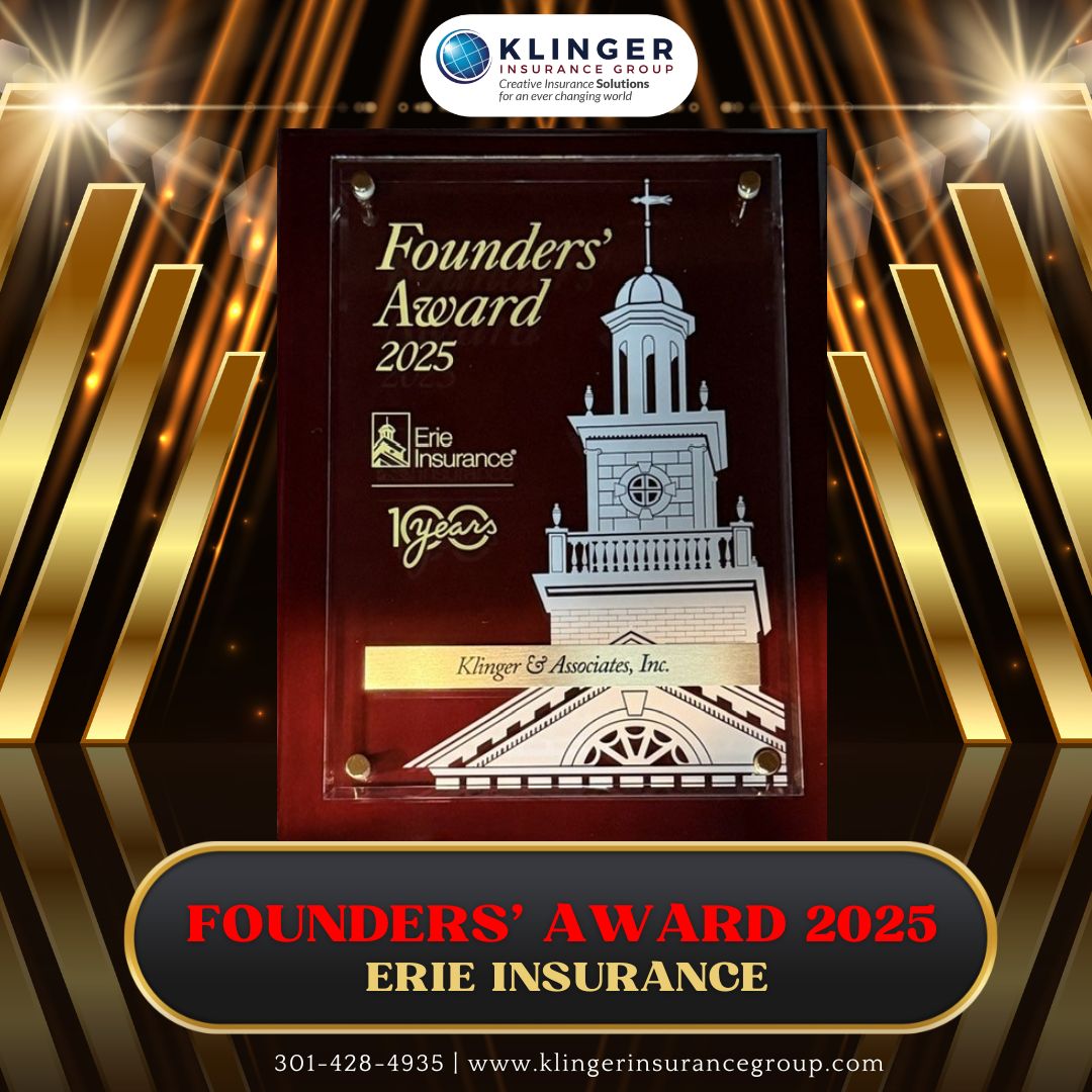 2025 Erie Insurance Founders' Award plaque recognizing Klinger Insurance Group's commitment to exceptional customer service and agency excellence.