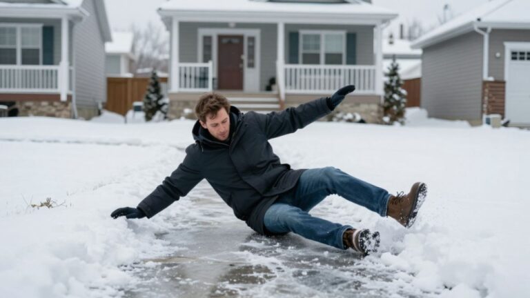 Person injured after slipping on a walkway outside a home, highlighting homeowners liability risks and insurance coverage.