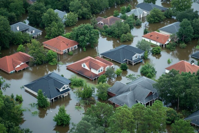 Home damaged by a natural disaster with debris surrounding the property, representing homeowners insurance coverage and protection.