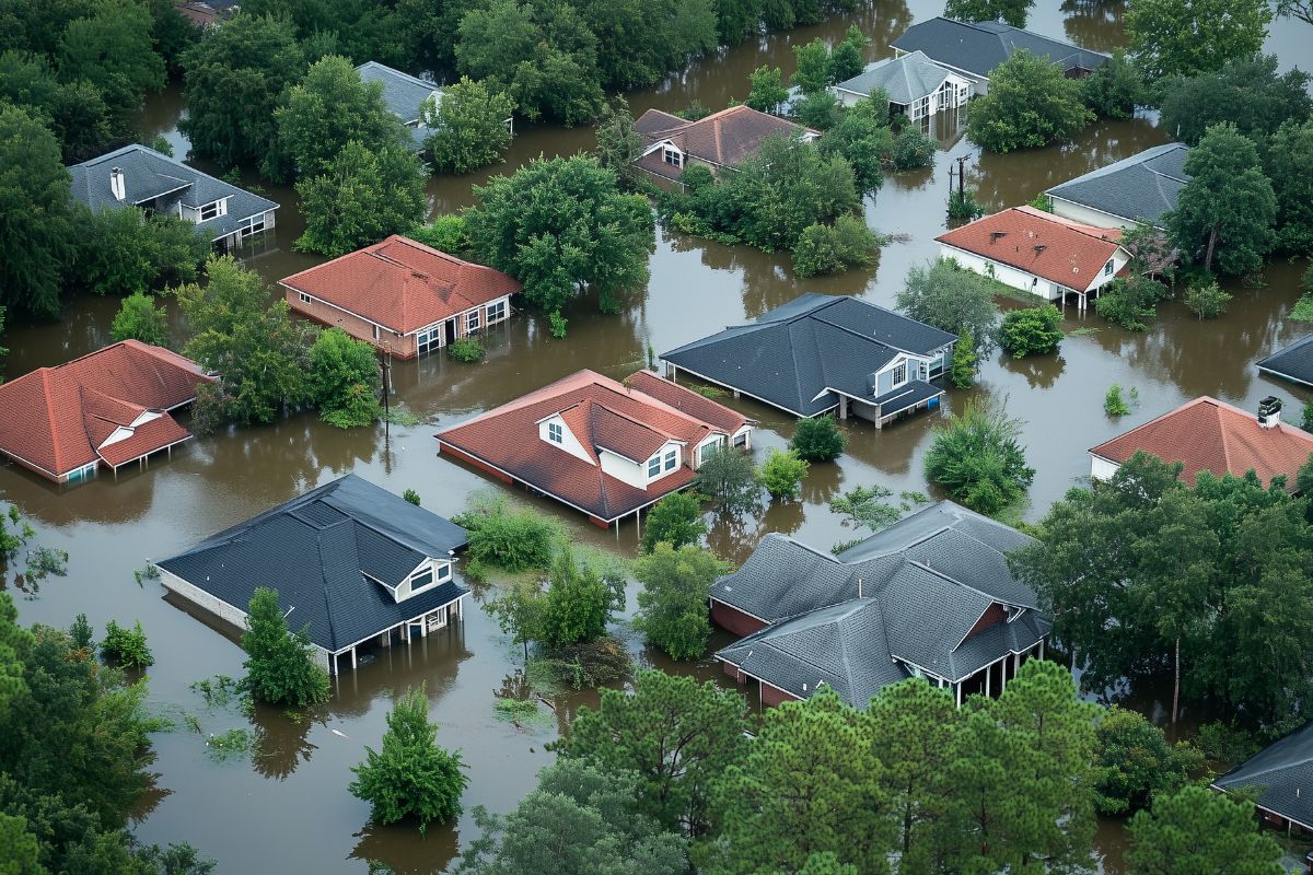 Home damaged by a natural disaster with debris surrounding the property, representing homeowners insurance coverage and protection.