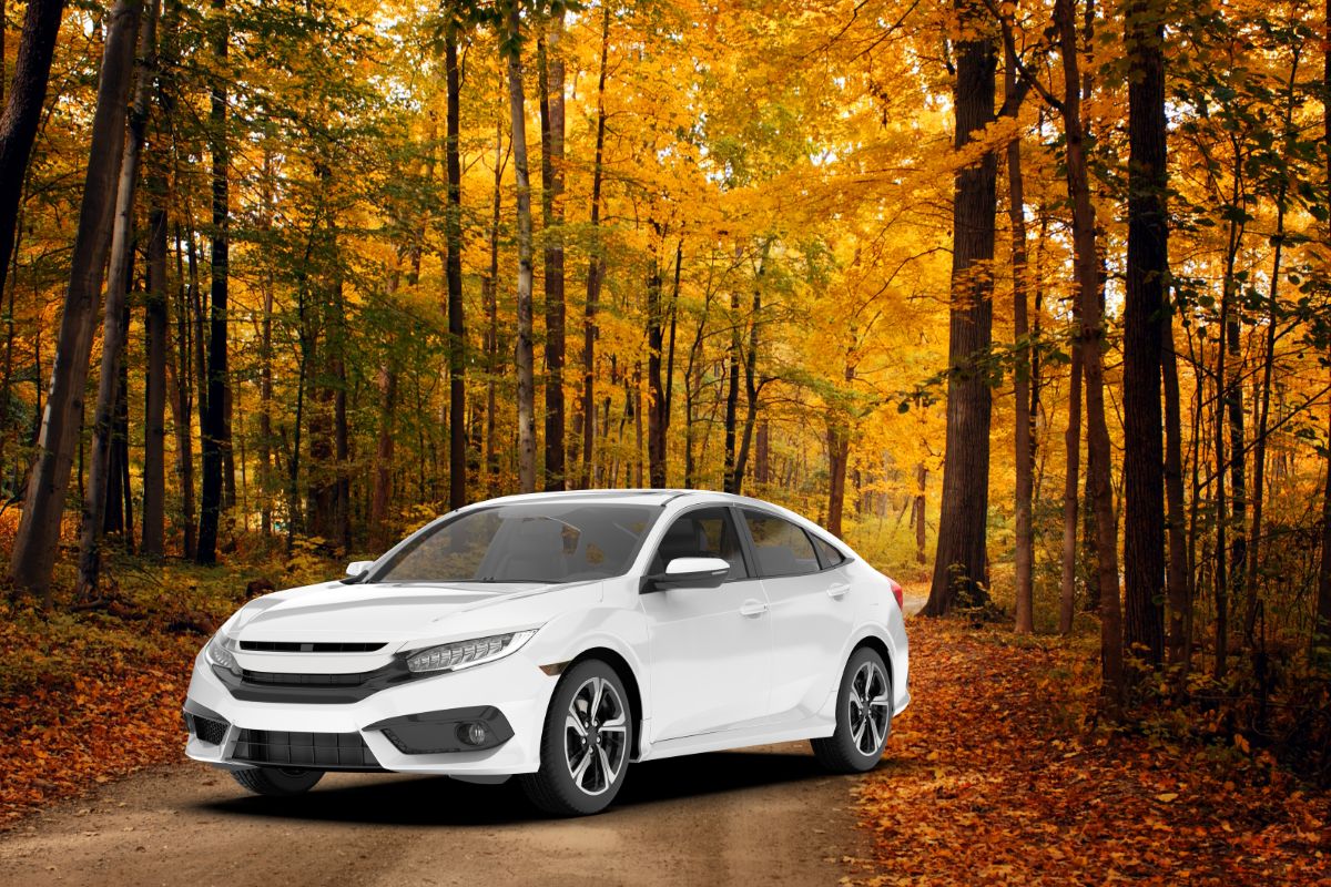 Fall vehicle maintenance checklist showing a car being prepared for cooler weather and changing road conditions.
