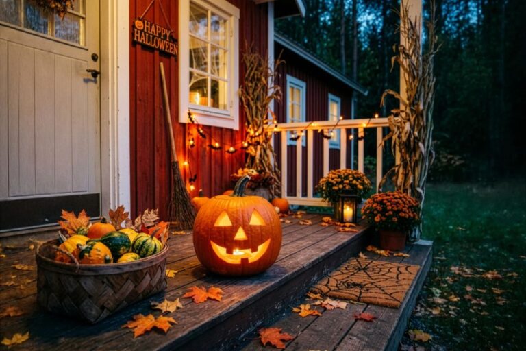 Halloween home safety tips featuring a decorated house with pumpkins, outdoor lighting, and a safe walkway for trick-or-treaters.