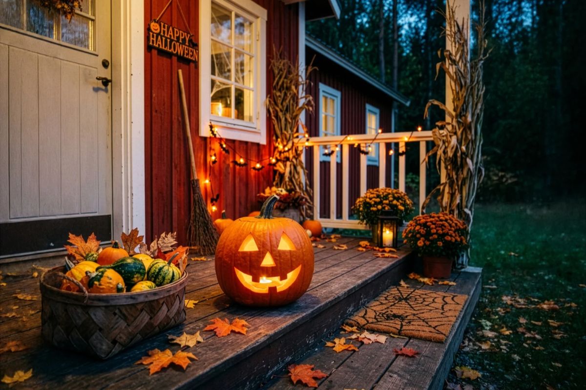 Halloween home safety tips featuring a decorated house with pumpkins, outdoor lighting, and a safe walkway for trick-or-treaters.